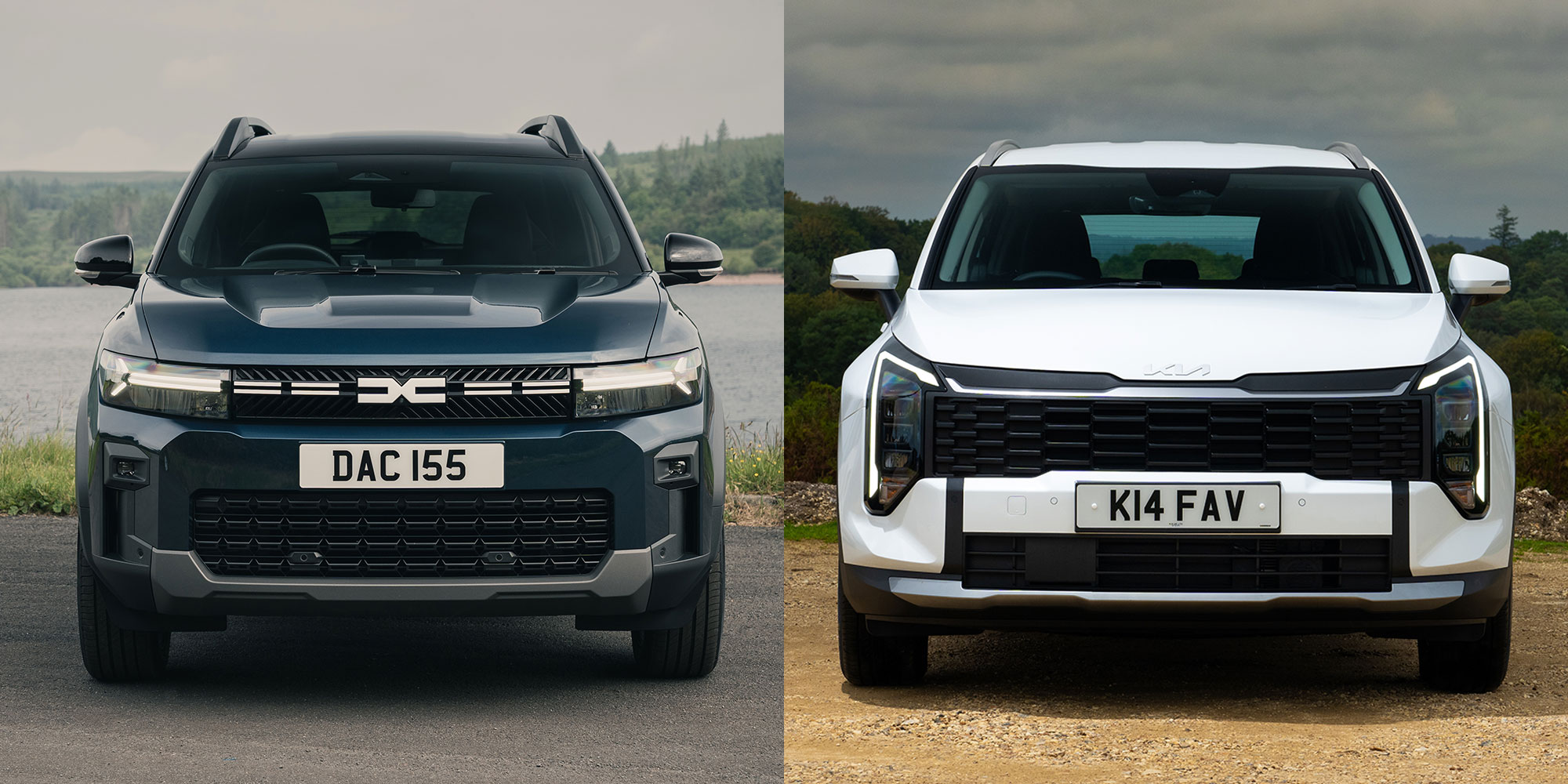 Head-on views of the Dacia Bigster and Kia Sportage Hybrid, side-by-side.