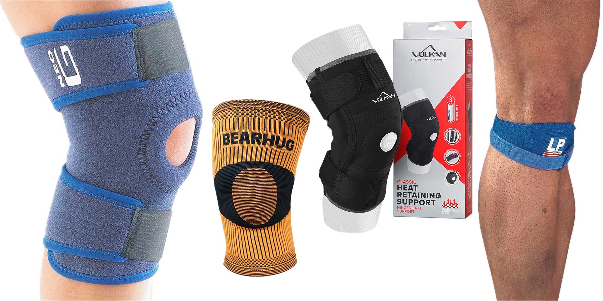 Four knee supports displayed: blue, orange with black, and black. A box of knee support is also shown.