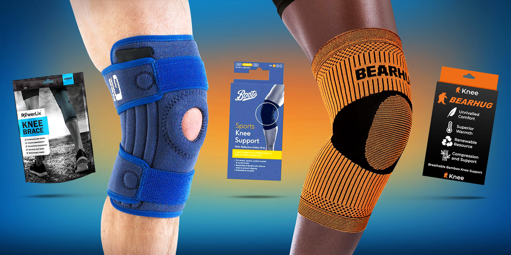 Two legs with different knee supports displayed next to packaging on a blue and orange background.