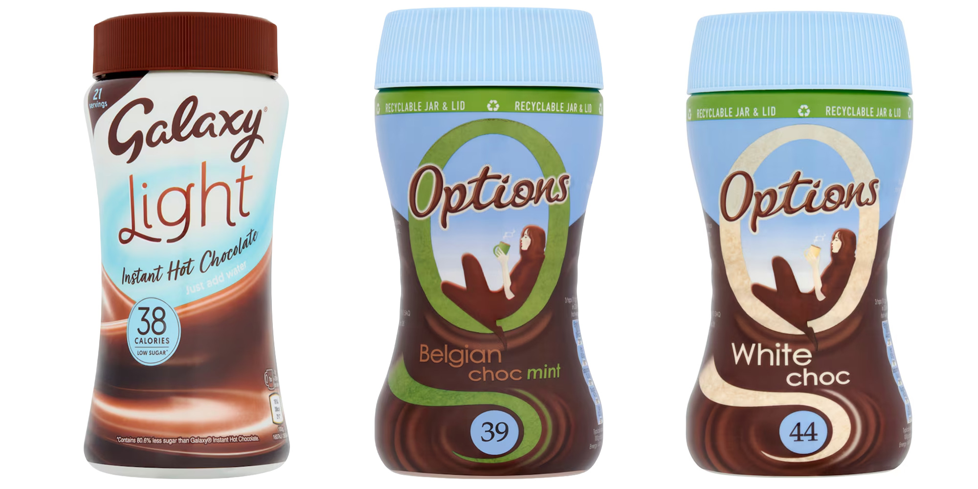 Instant 'light' hot chocolate drinks, three product shots.