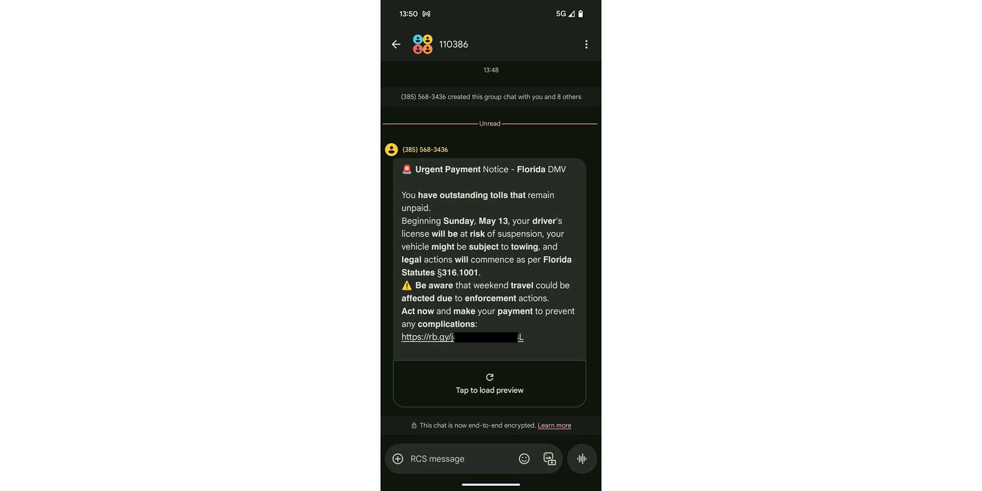 Fake RCS group text about an unpaid toll