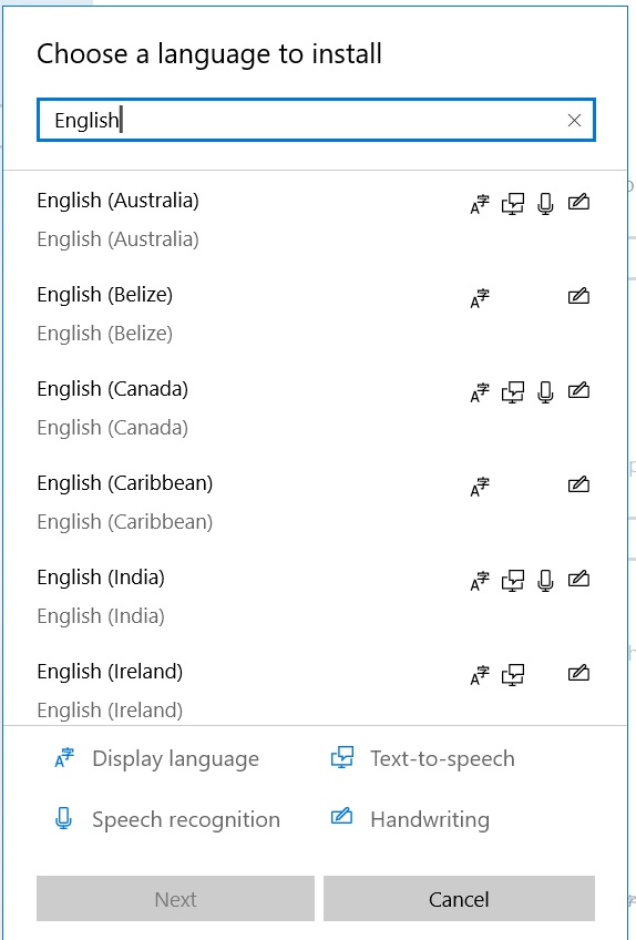 'Choose a language' menu on Windows