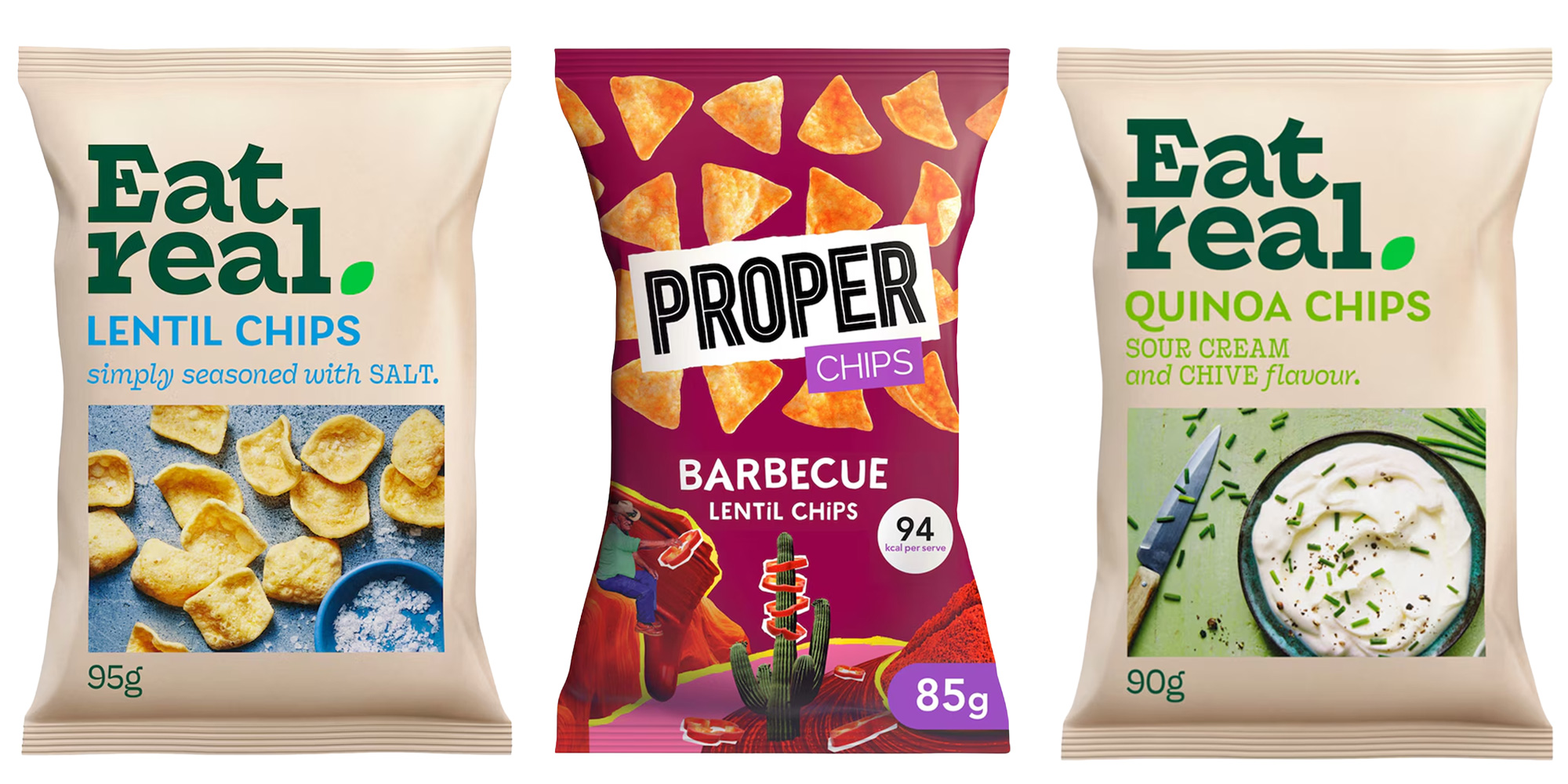 Three pack shots of 'healthy' lentil or quinoa crisps.