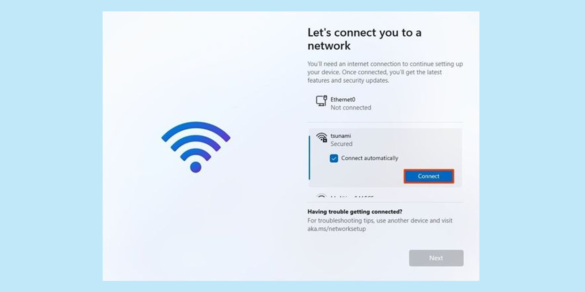 Windows wi-fi setup screen