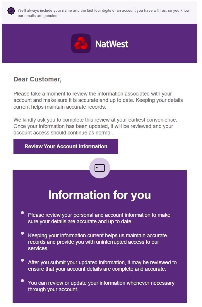 A scam email impersonating NatWest
