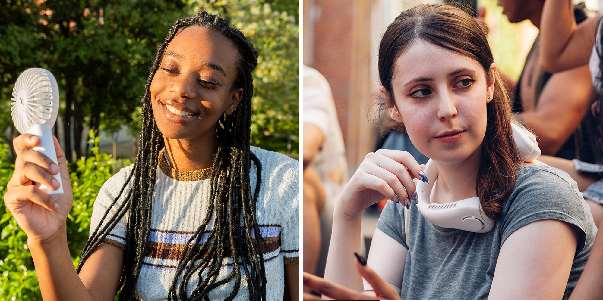 Two images of women using a portable fan. One is outside using a white handheld fan, the other is indoors wearing a white neck fan.