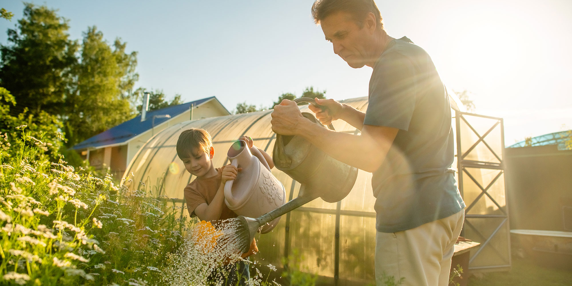 Man and boy watering plants in spring sun 