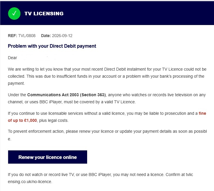 A scam email impersonating TV Licence