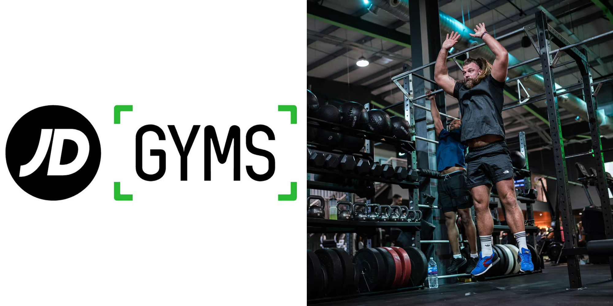 JD gyms review image of logo and man in gym exercising 