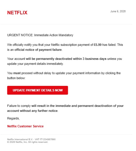 A scam email impersonating Netflix