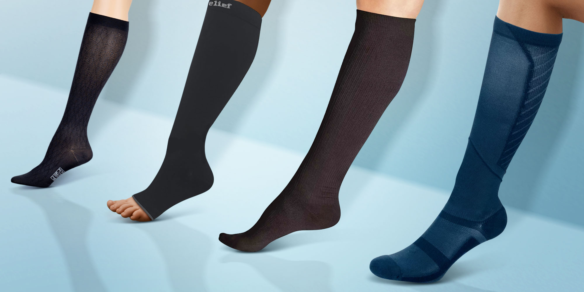 Four pairs of compression socks in black, dark gray, brown, and blue displayed on a blue background.