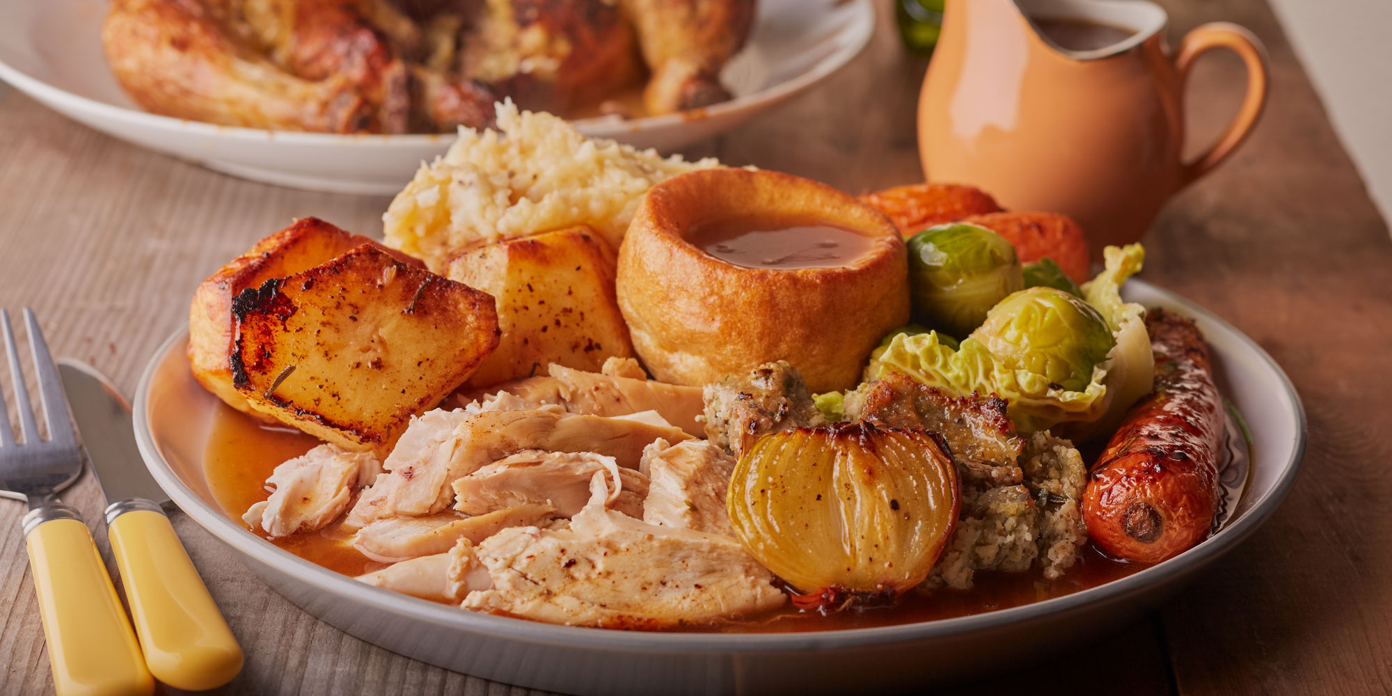Roast dinner featuring Yorkshire puddings