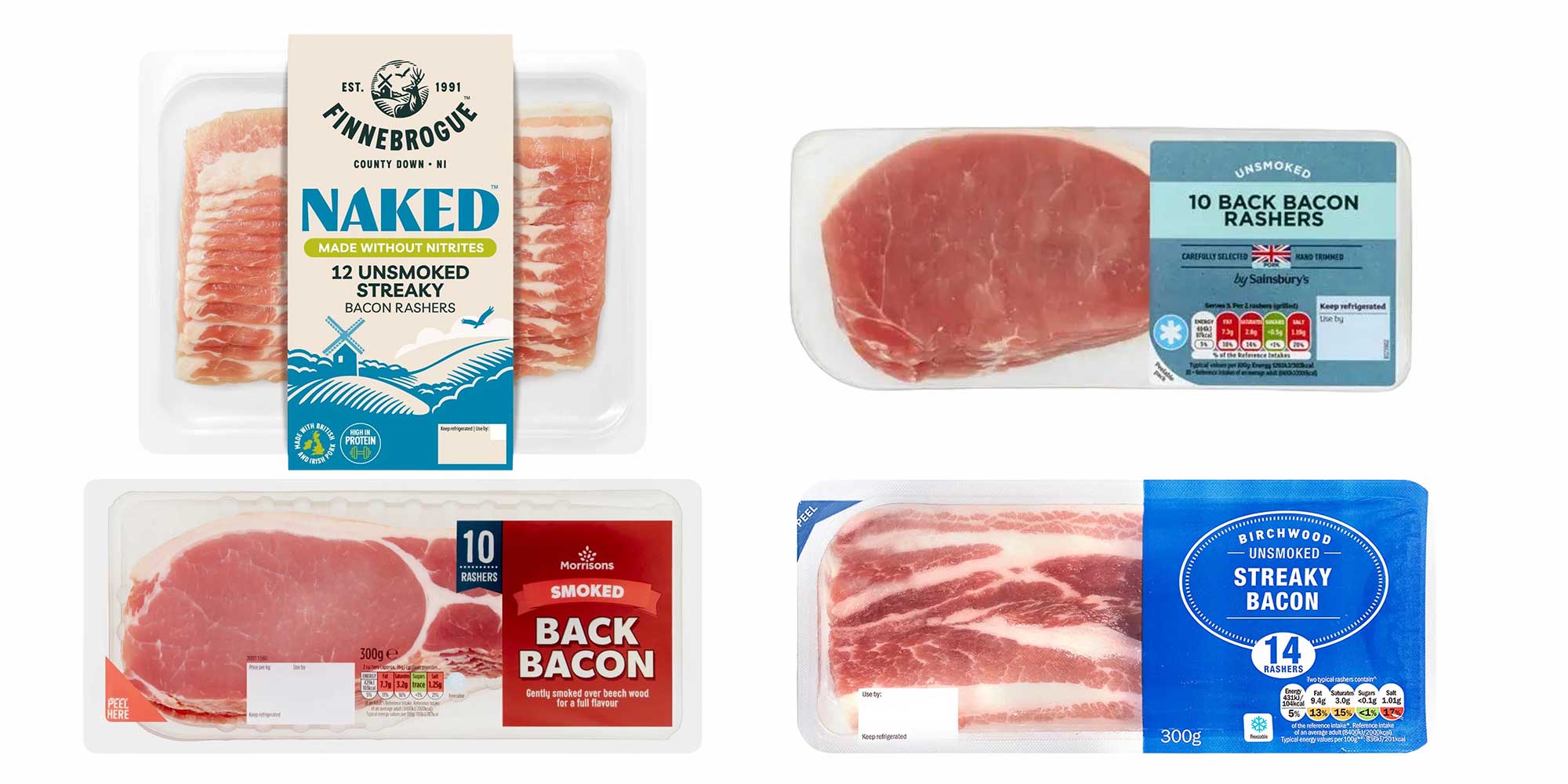 Product shots of 4 x highest saturated fat cooked pork bacons.