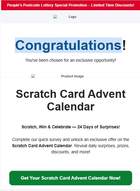 A scam email impersonating the People's Postcode Lottery