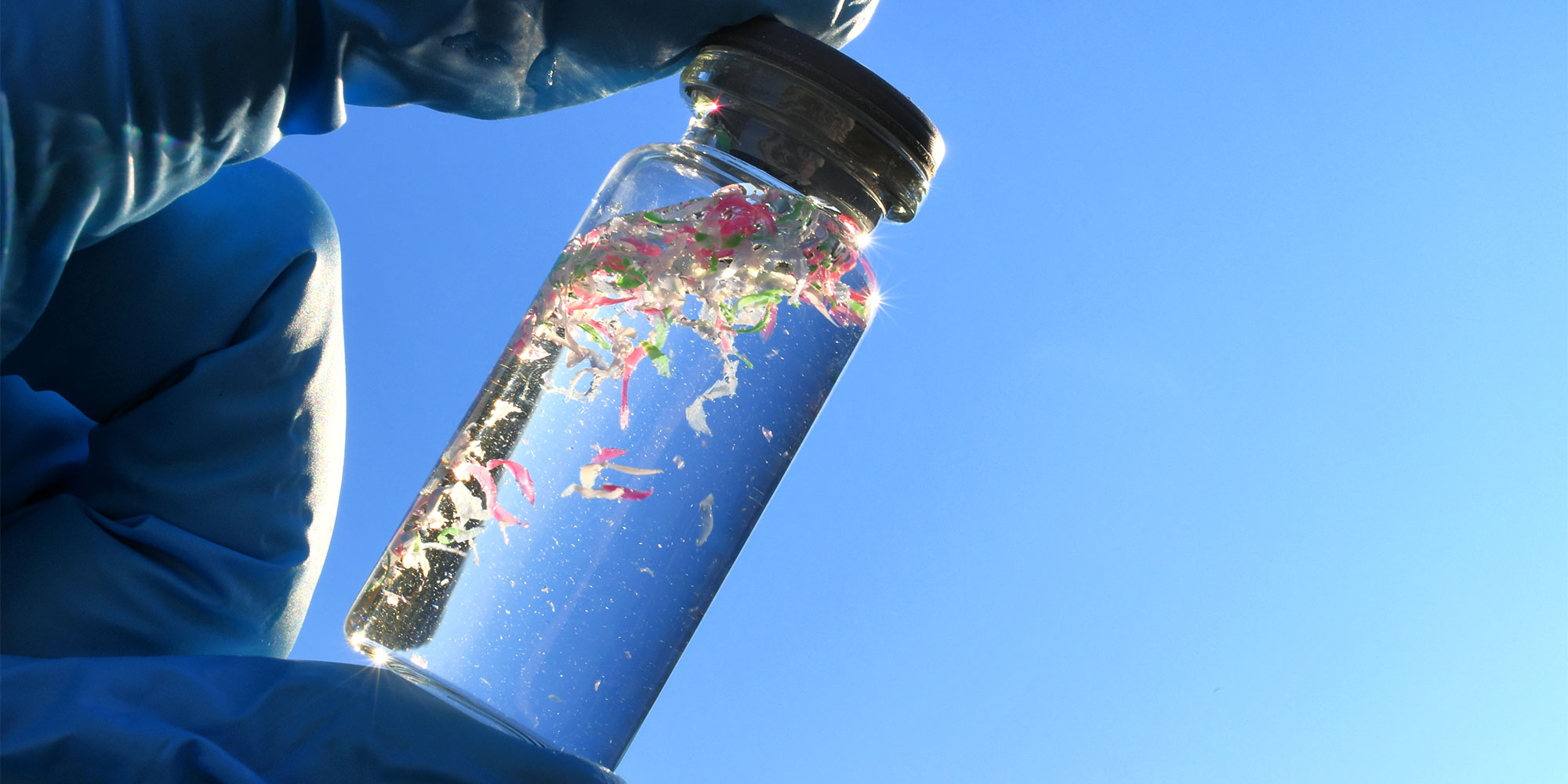 Bottle of water with pieces of plastics floating in it