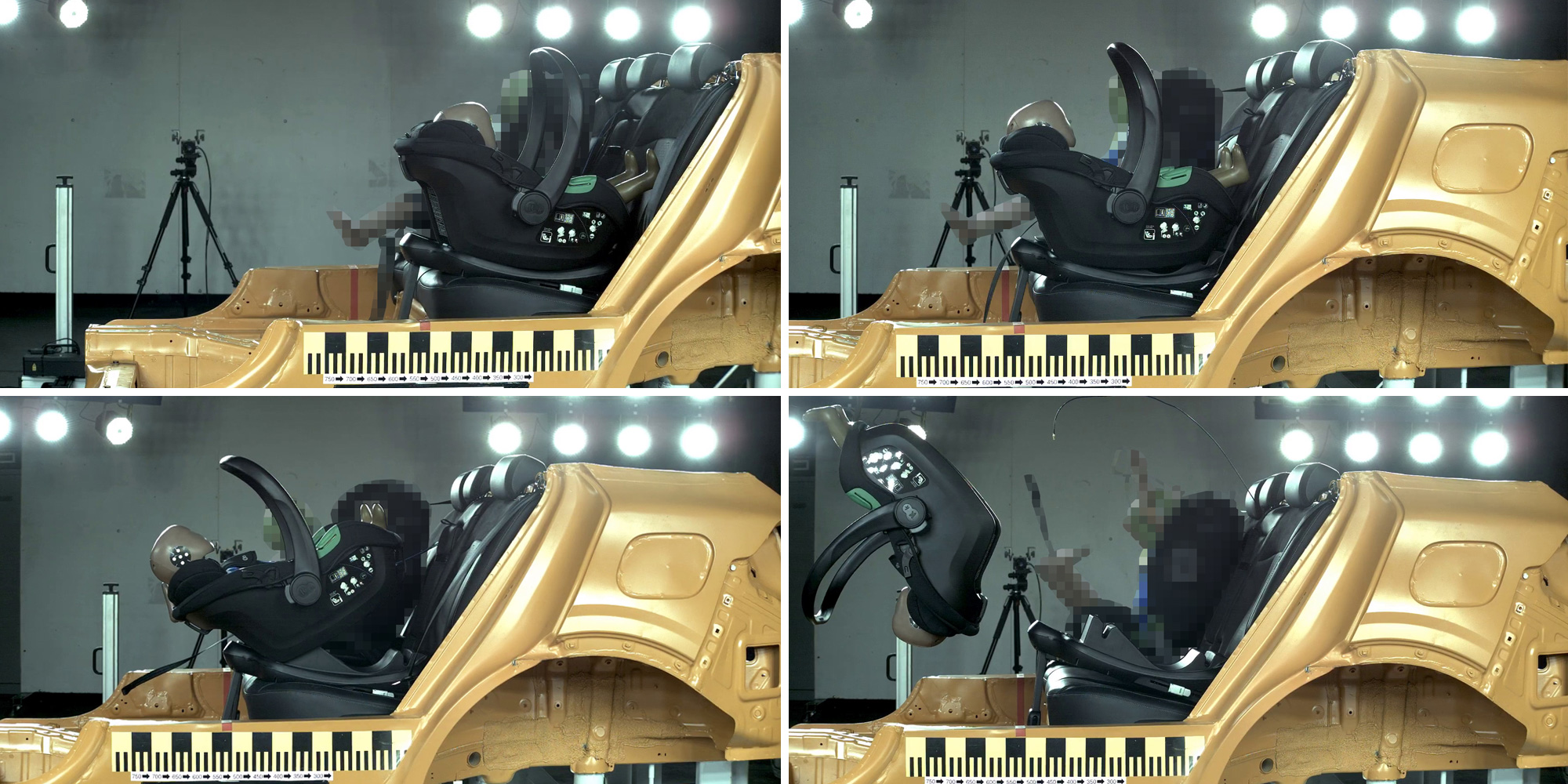 Composite photo showing the crash test failure of the Kinderkraft Mink Pro 2 car seat