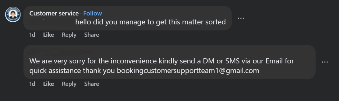 Scammers in a Facebook group trying to get members to contact them