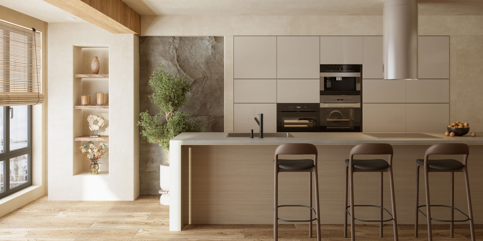 Island in neutral kitchen with sink and hob