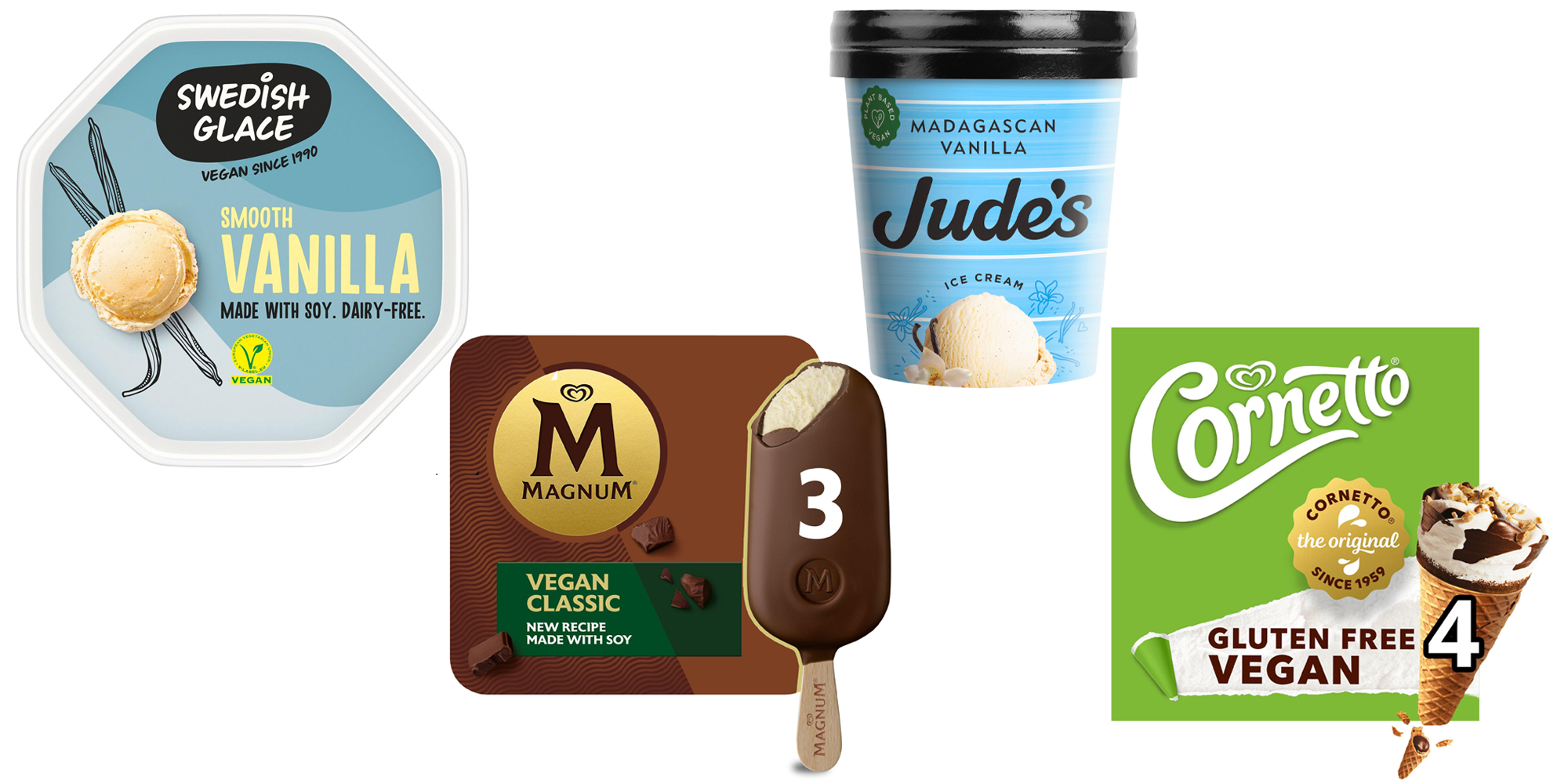 Four plant based/vegan ice creams: Swedish Glace vanilla, vegan classic magnum, Jude's Madagascan vegan plant vanilla, vegan Cornetto
