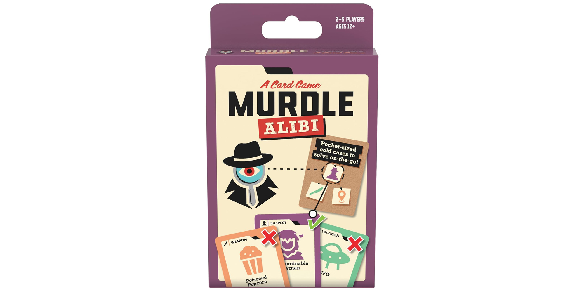 Box of Murdle Alibi card game with illustrations of magnifying glass, suspect, weapon, and location cards.
