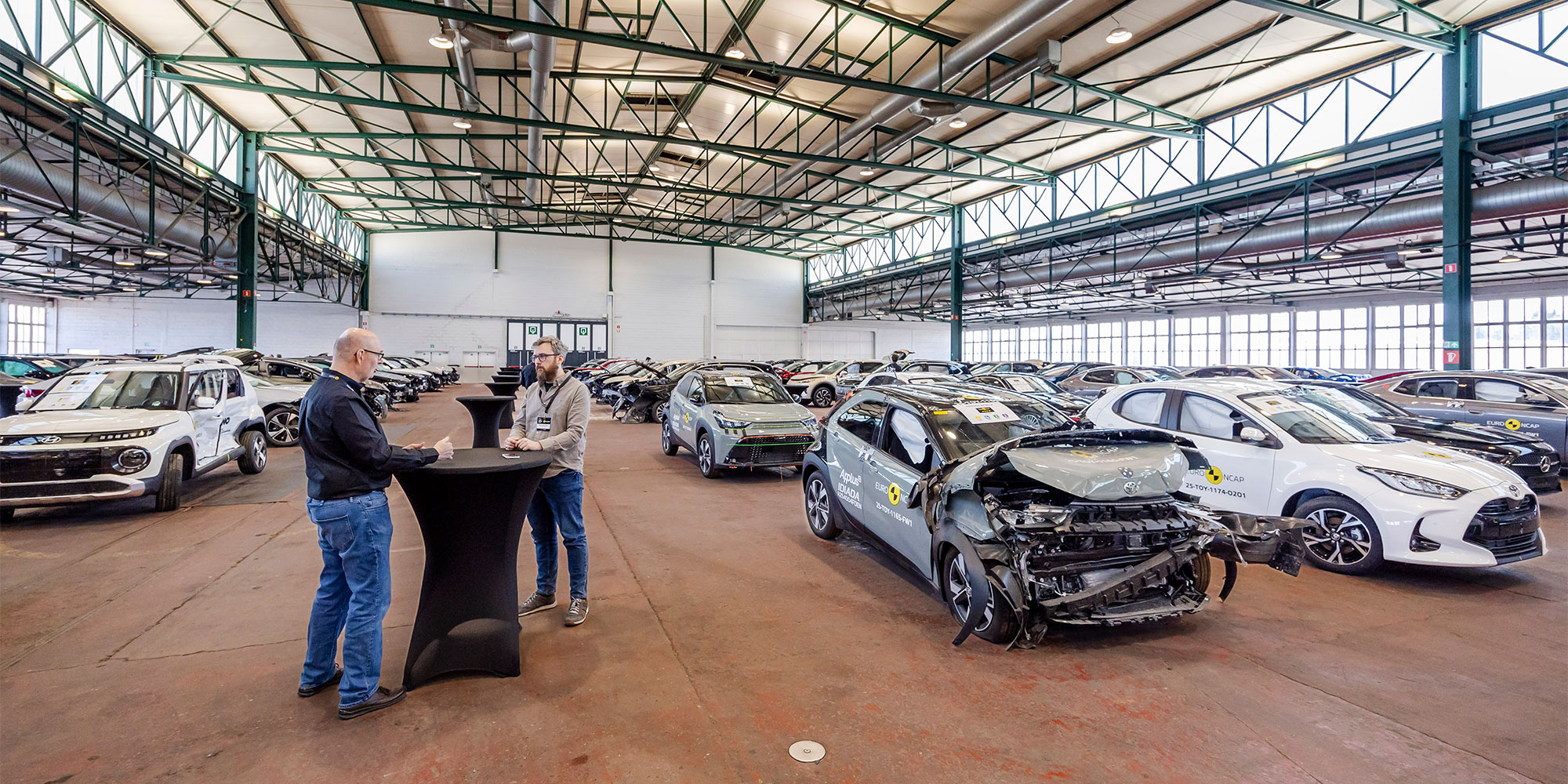 Hall filled with cars from Euro NCAP crash tests