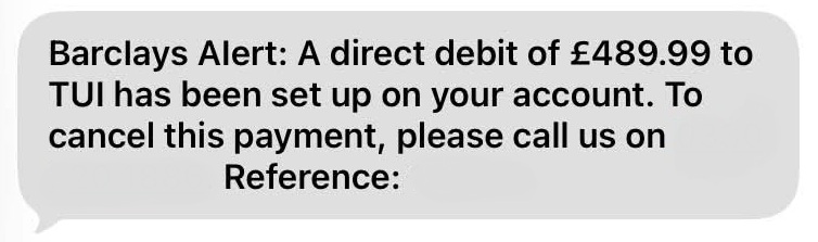 A scam text message impersonating Barclays