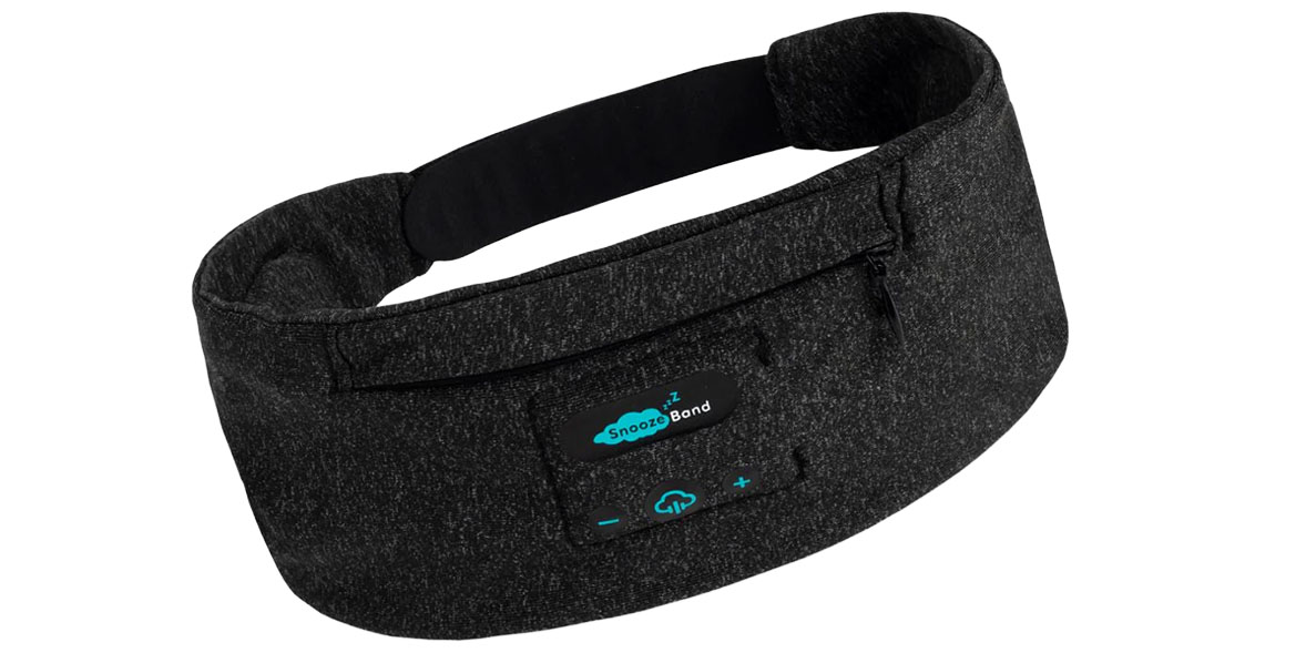 Black SnoozeBond headband with adjustable strap and control buttons on a white background.