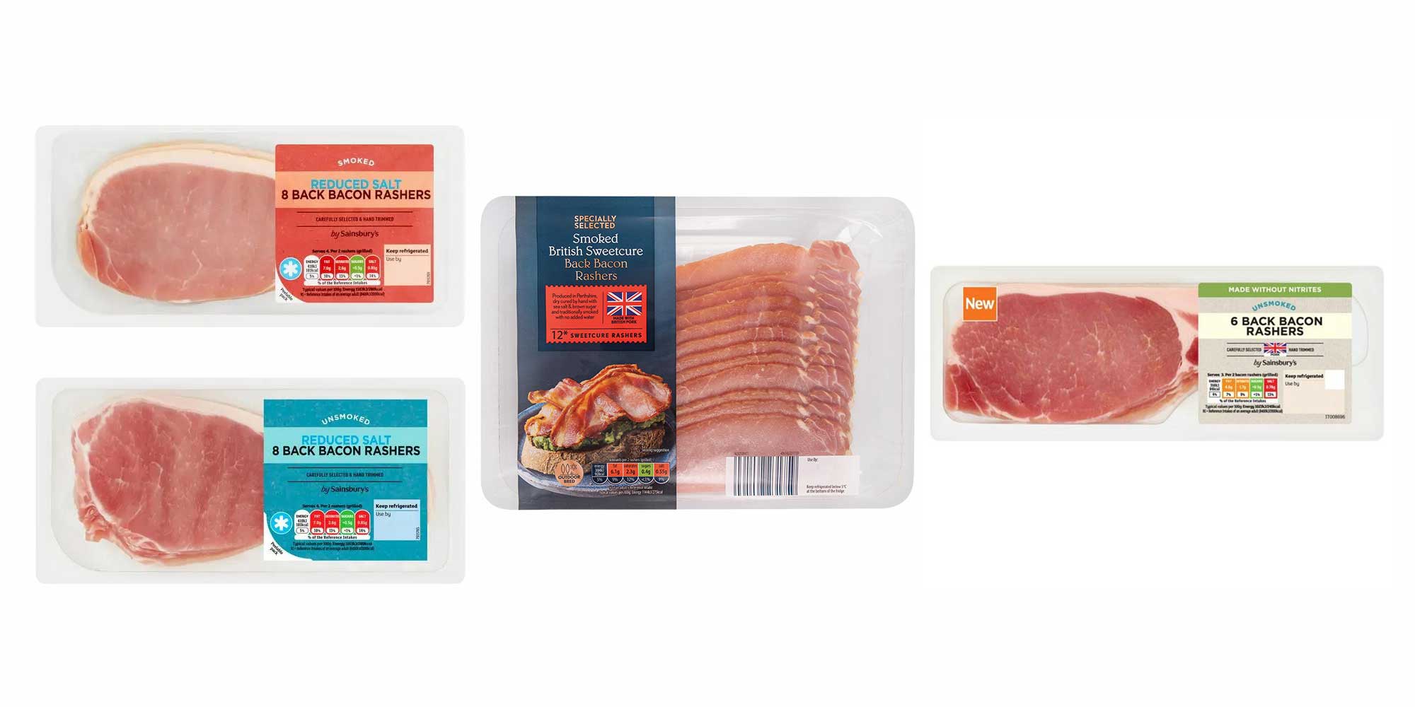 Pack shots of four low salt pork bacons.