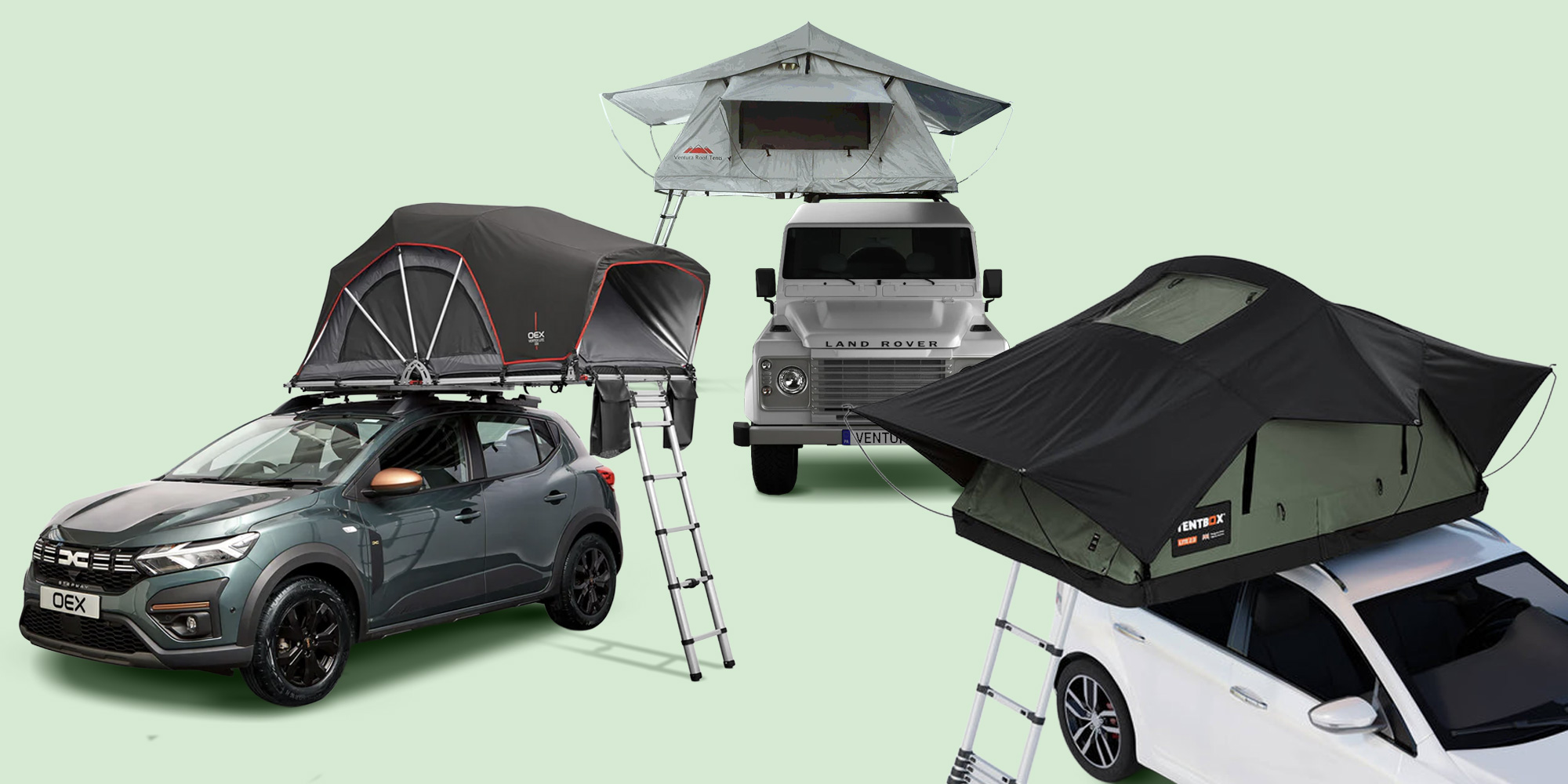 Three cars with different roof tents fitted on top
