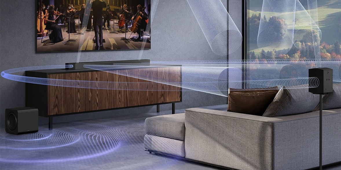 A Samsung soundbar showing cones of sound spreading into the room