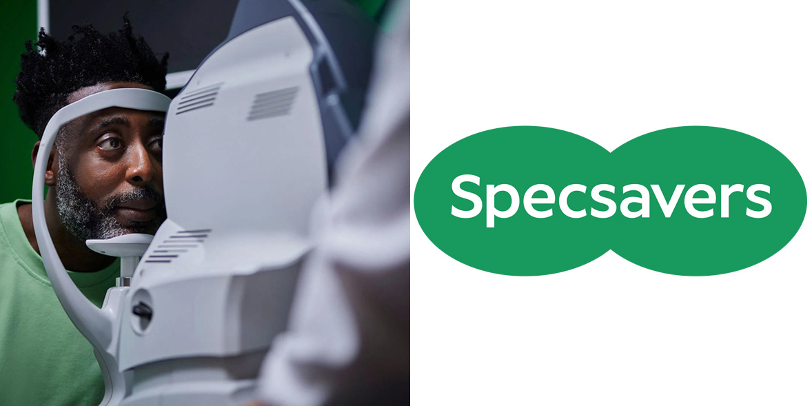 Man having an eye test alongside Specsavers logo