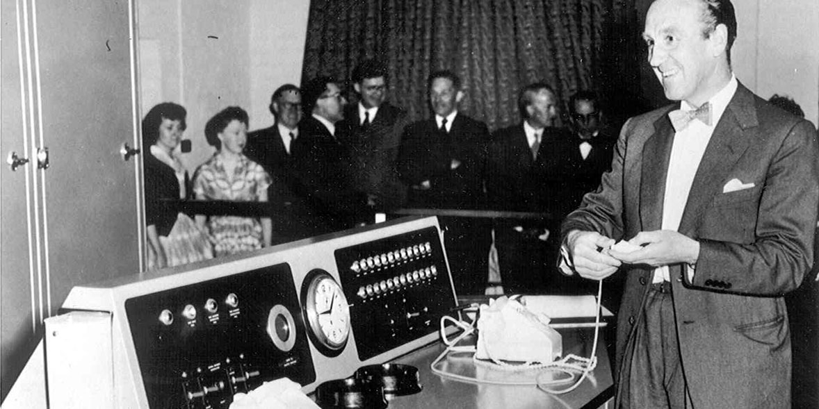 Ernest Marples, Paymaster General, kicking off the first ever Premium Bonds draw in 1957.