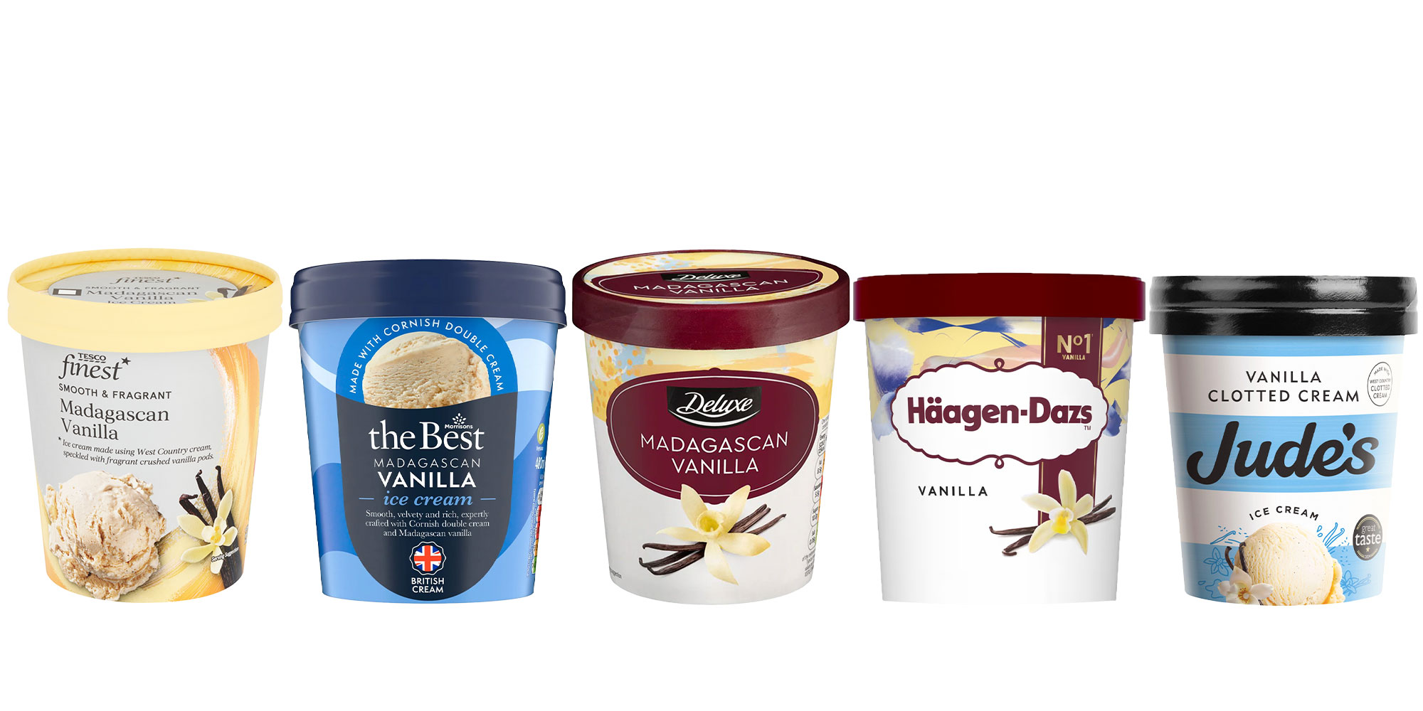 Five tubs of vanilla ice cream: Morrisons, Tesco, Lidl, Haagan Dazs and Jude's
