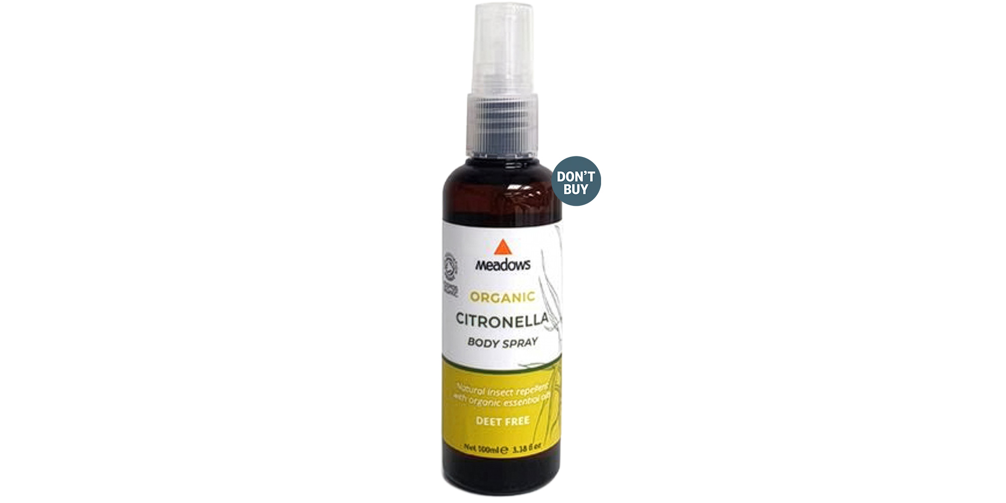 A bottle of Meadows Aroma Organic Citronella Spray with a Which? Don't Buy logo.