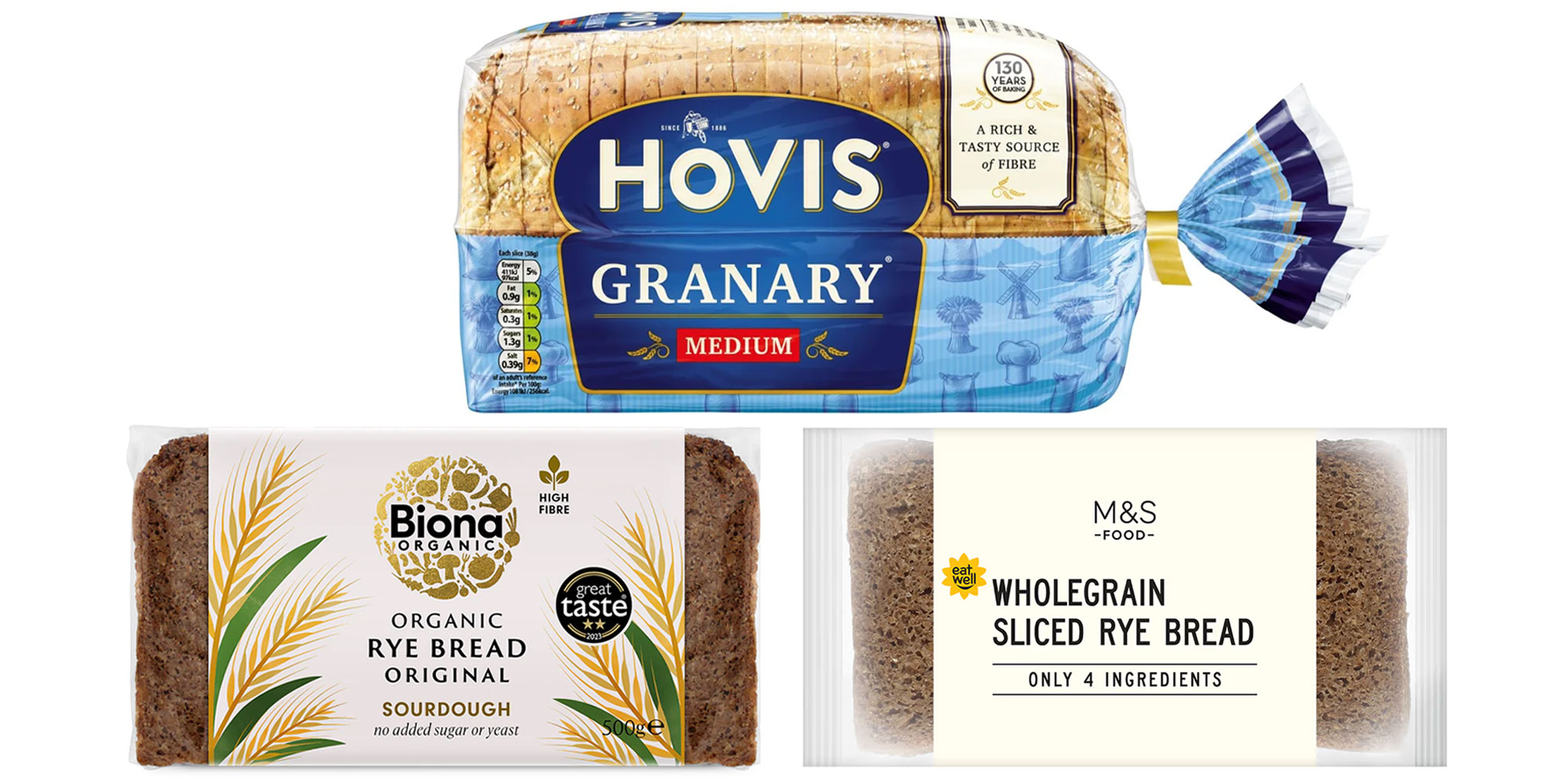 Pictures of three loaves that scored lowest out of 100 of the 60 loaves analysed by Which? Biona Organic Original rye bread, Hovis granary and M&S Wholegrain Sliced Rye Bread (Only 4 Ingredients).