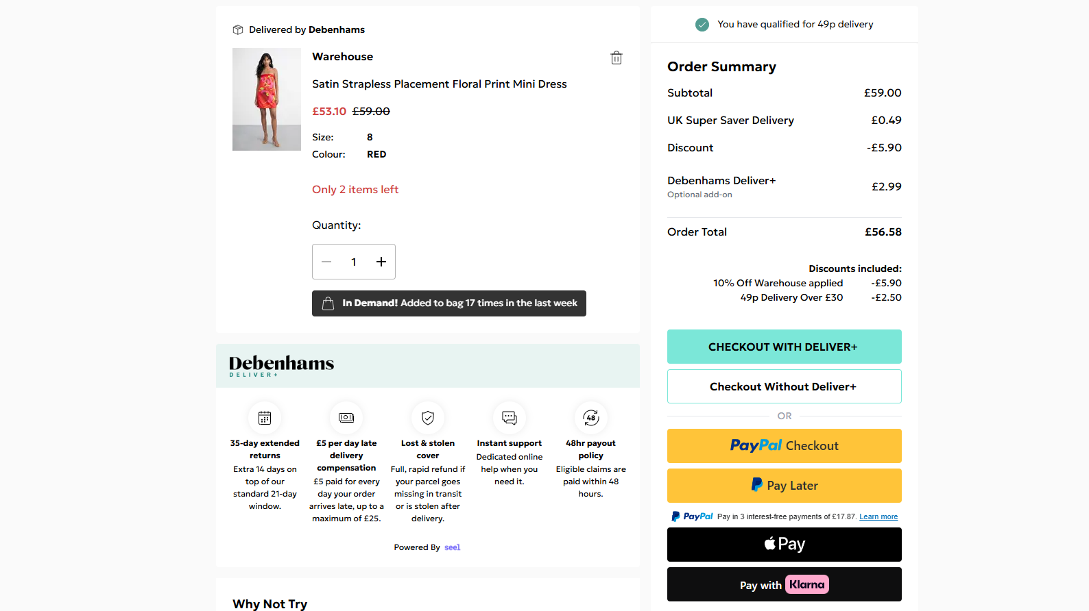A screenshot of Debenhams' checkout, where Deliver+ is automatically added to the customer's basket. The customer can then decide to checkout with Deliver+ or checkout without Deliver+