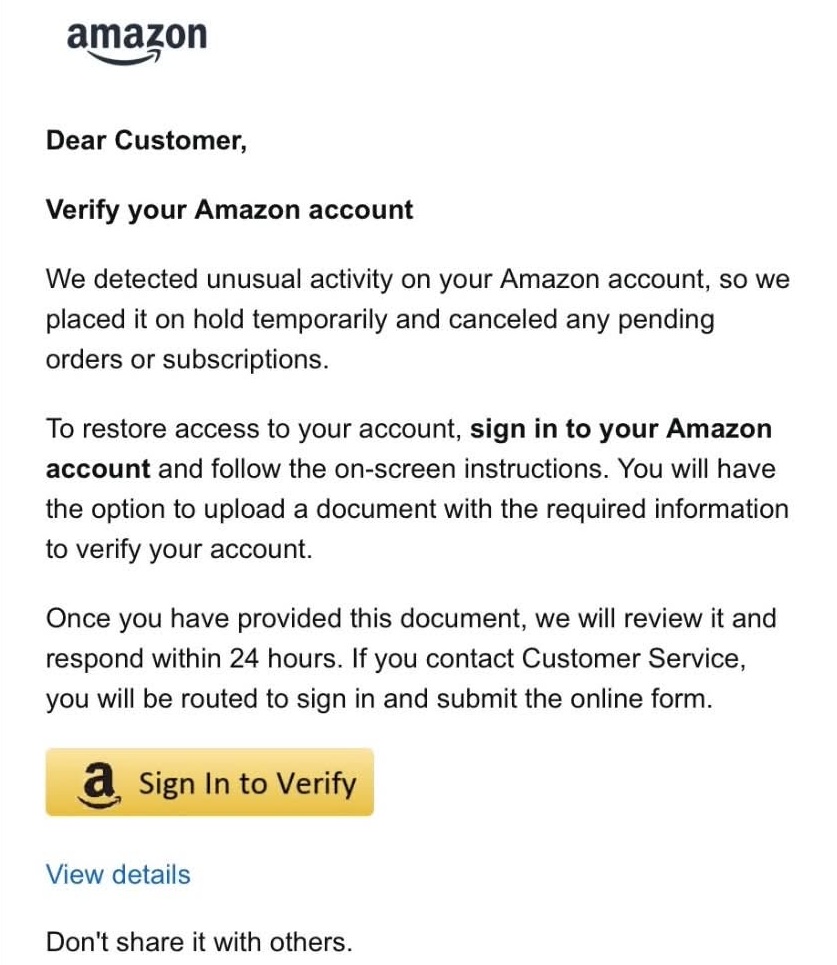 A scam email impersonating Amazon