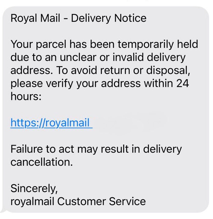 A scam text impersonating Royal Mail