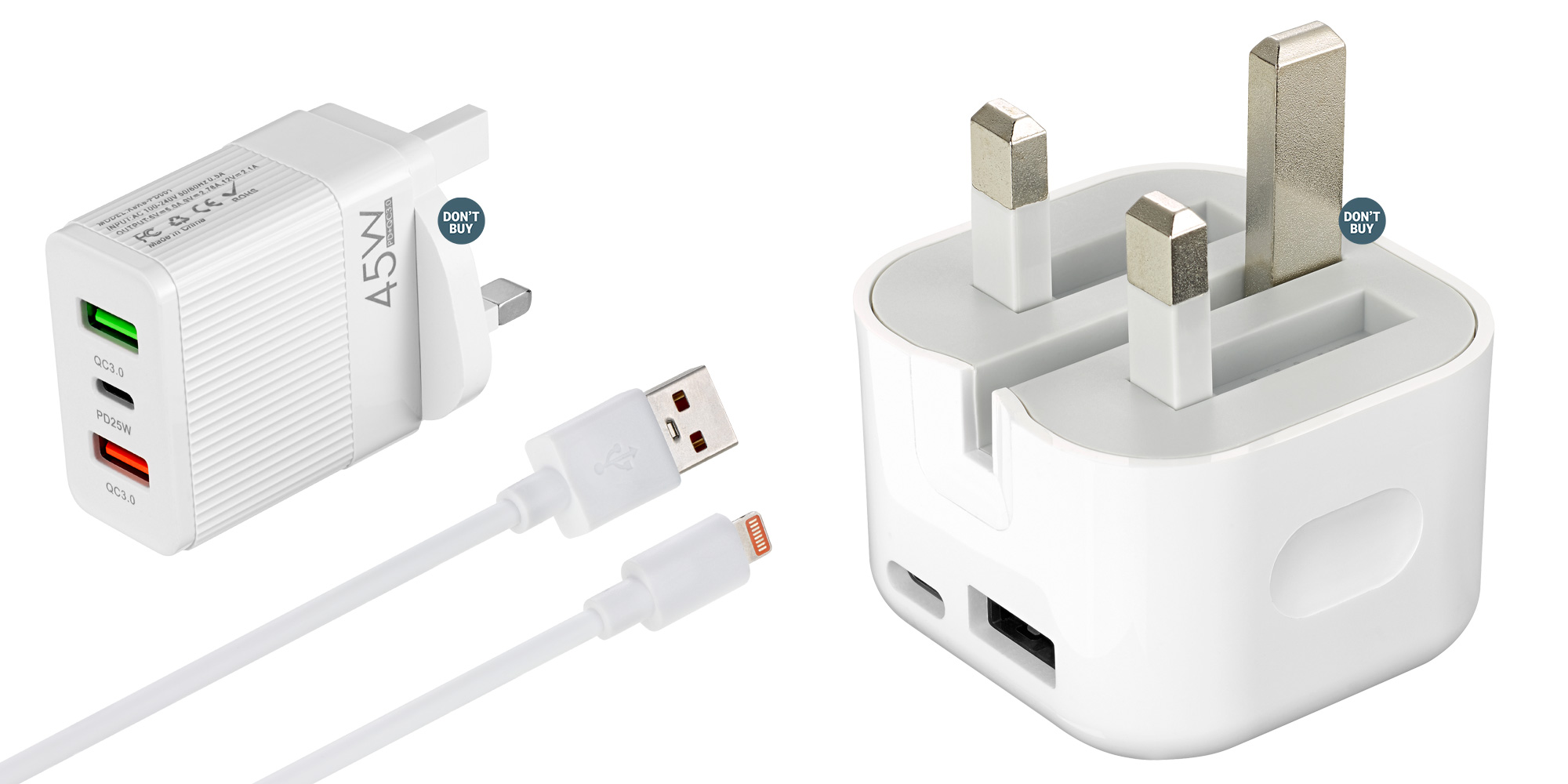 The B&Q charger (left) failed all safety tests and is dangerous. The Debenhams charger (right) is just as bad and packed with putty to make it feel more substantial.