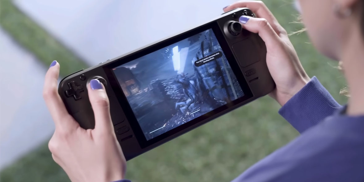 Woman playing a game on a Steam Deck