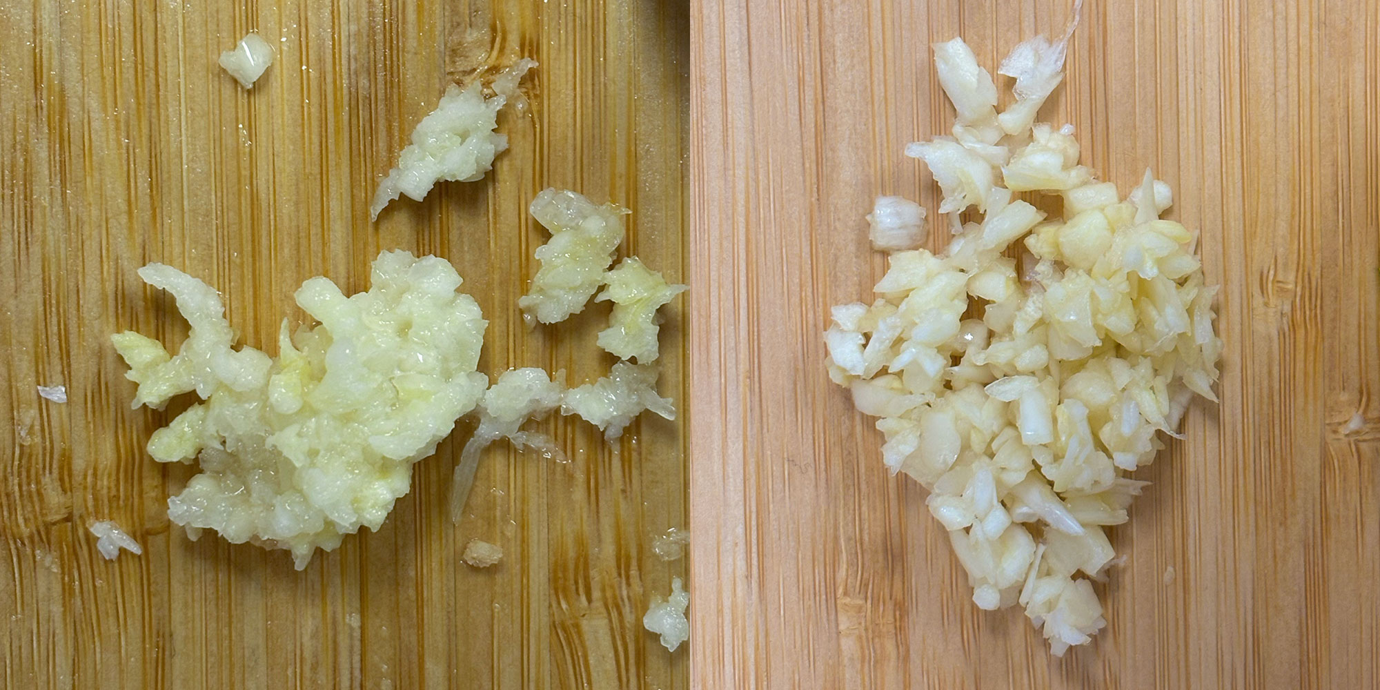Two images of pressed and minced garlic on a wooden cutting board