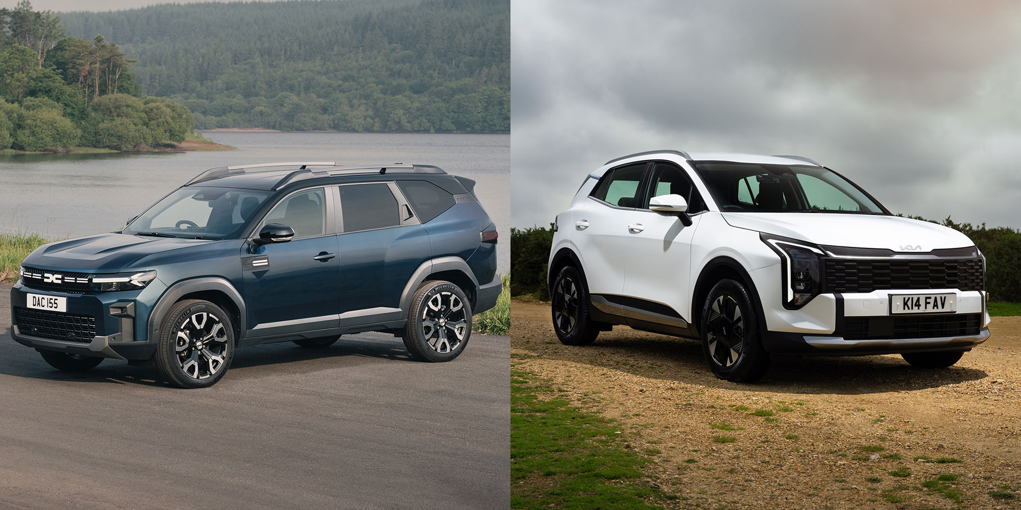A blue Dacia Bigster next to a white Kia Sportage
