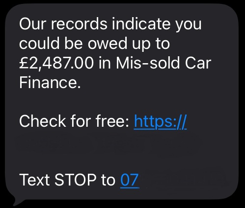 A text claiming you've been mis-sold car finance