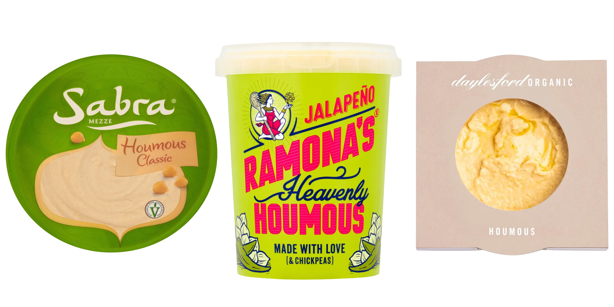 Product shot of three pots of houmous.