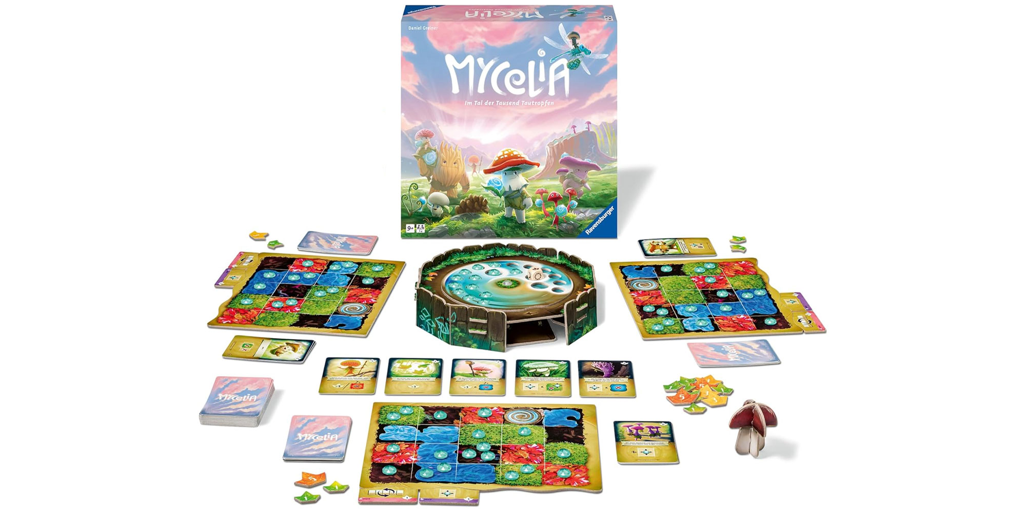 Mycelia board game displayed on table including the game boards, cards and dewdrop shrine.