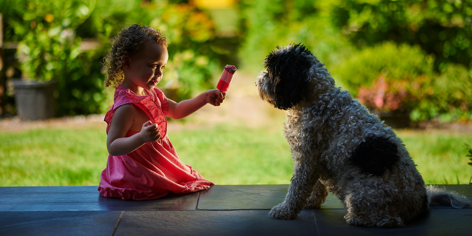 child and dog on patio