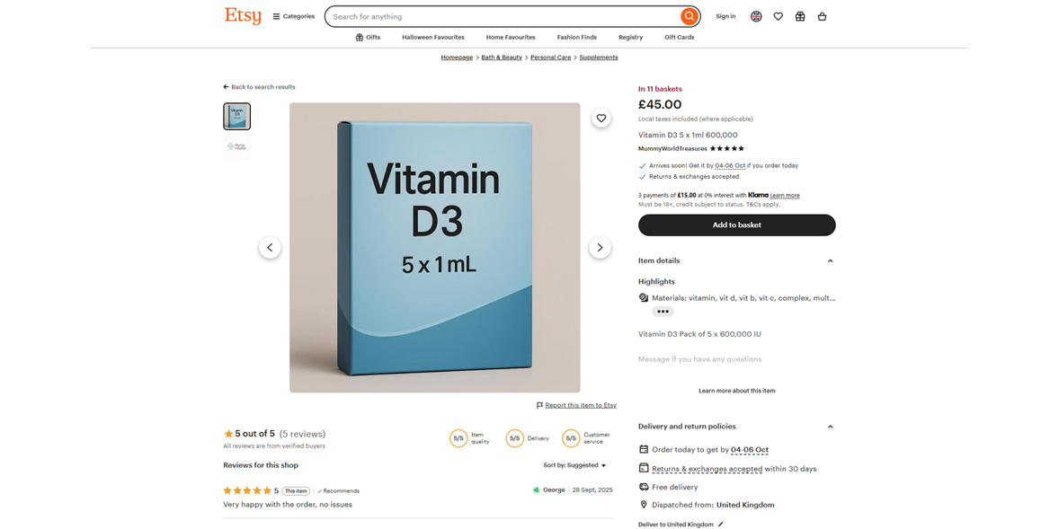 Screenshot of the suspicious Etsy product listing