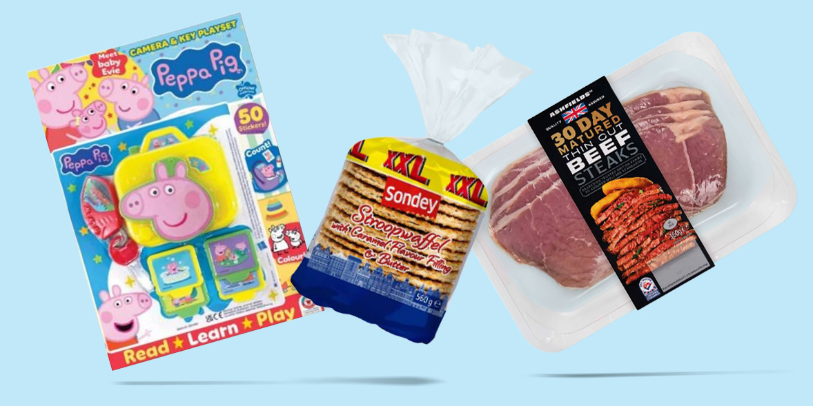 Recalls lead image showing a Peppa Pig magazine, some Aldi steak and some Lidl waffles