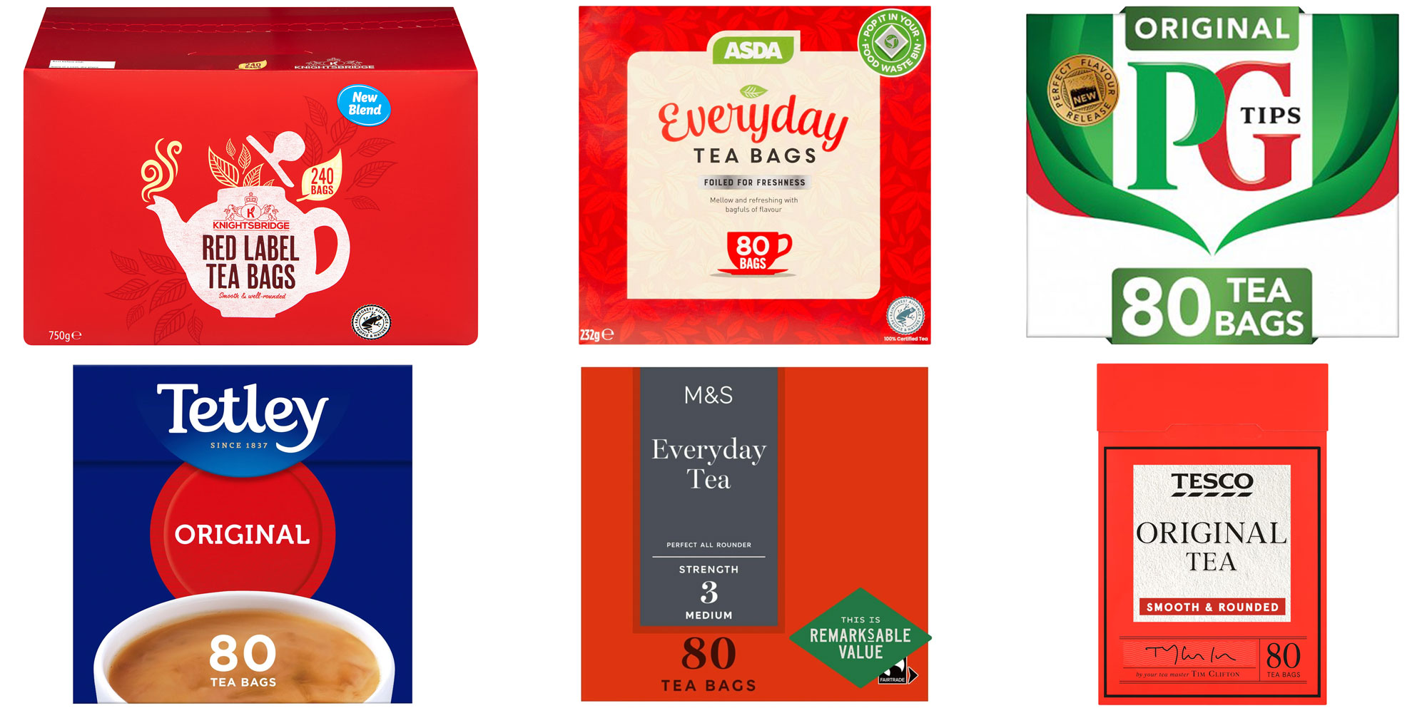 Six boxes of tea bags:  Lidl Red Label, Asda Everyday, PG Tips Original, Tetley Original, M&S Everyday, Tesco Original