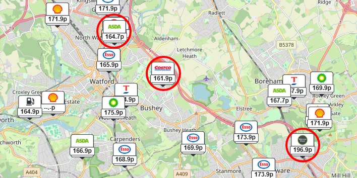 Map of Watford showing petrol prices at various stations. Most and least expensive are circled.